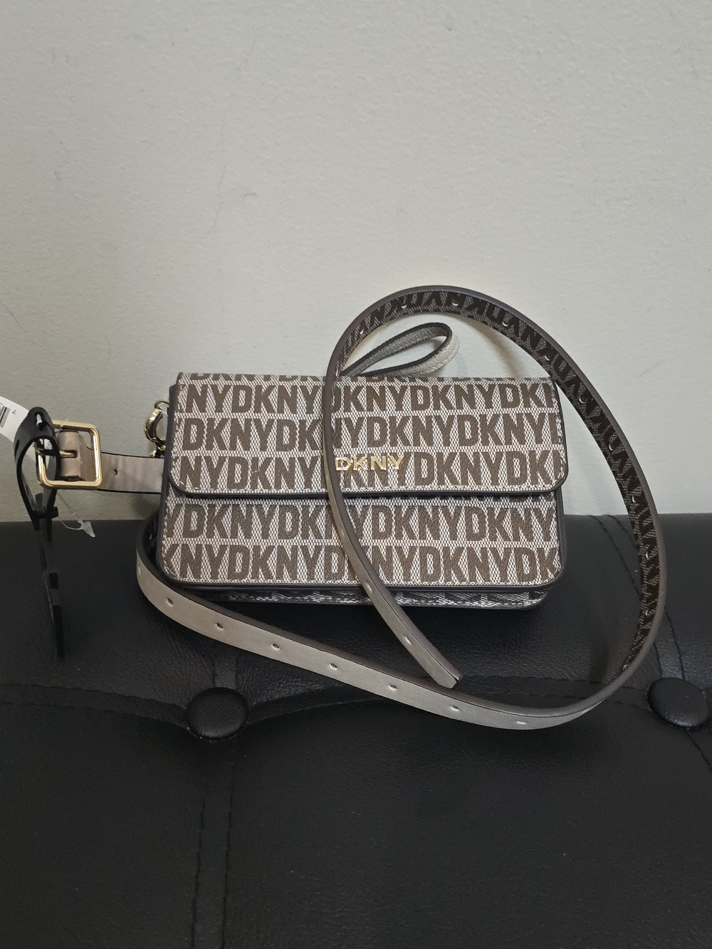 DKNY Taupe/Brown Logo-Print Crossbody Bag with Gold Hardware